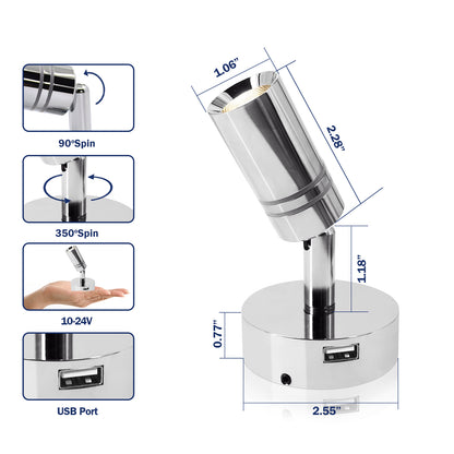 THALASSA 2pk Touch Adjustable Switch 90° LED Reading Light with USB for Yacht Ship Villa Hotel - THALASSA