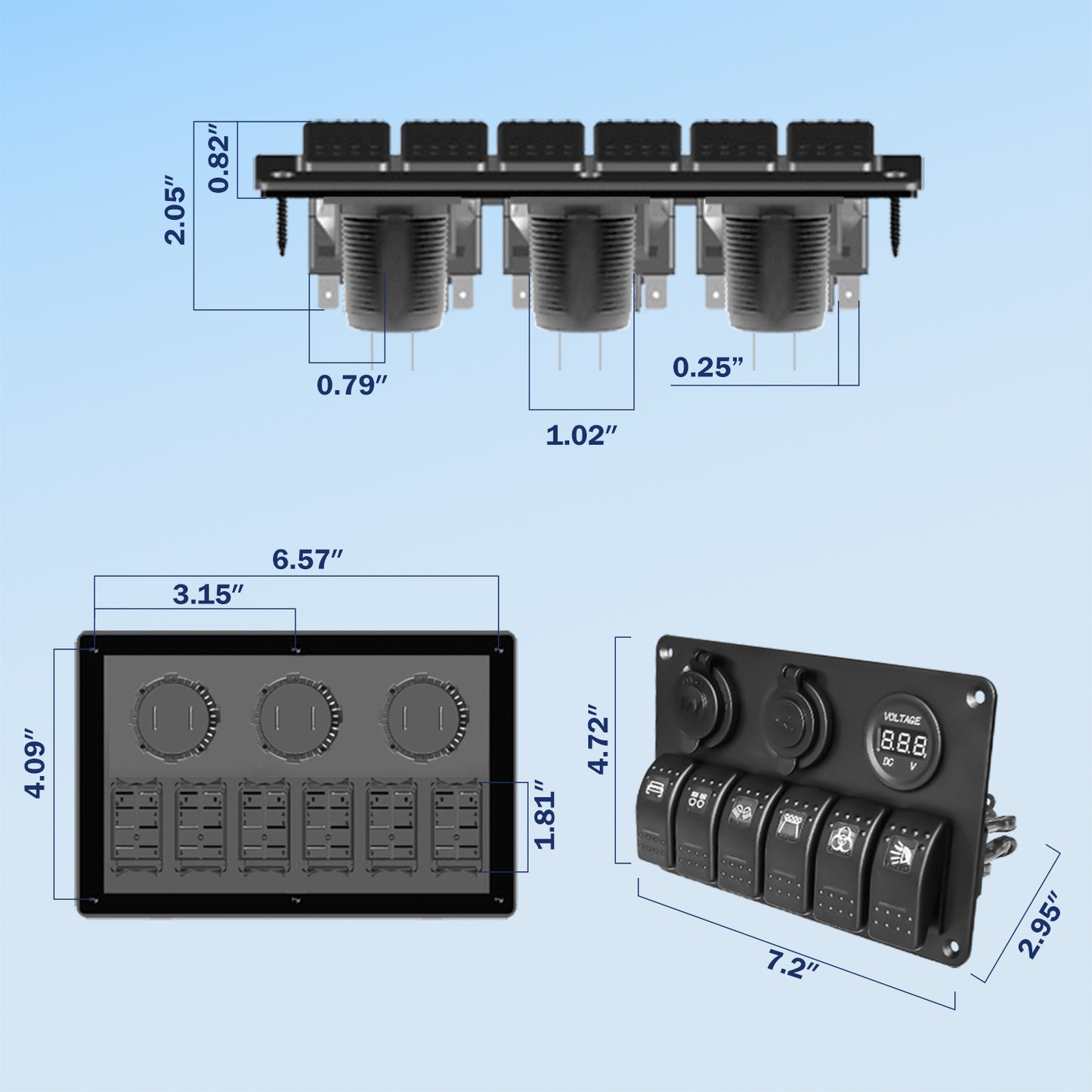 THALASSA 6 Gang Blue LED Rocker Switch Panel 12V Waterproof with 3.1A Dual USB Slot Socket for Car Rv Vehicles Truck - THALASSA
