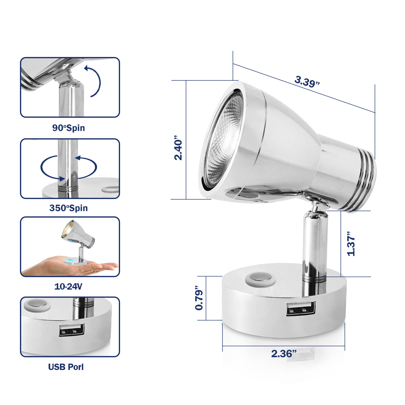 THALASSA 12V24V Touch Switch LED Reading Light Wall Lamp with/without USB for Yatch Boat RV - THALASSA