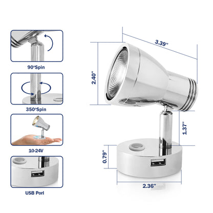 THALASSA 12V24V Touch Switch LED Reading Light Wall Lamp with/without USB for Yatch Boat RV - THALASSA