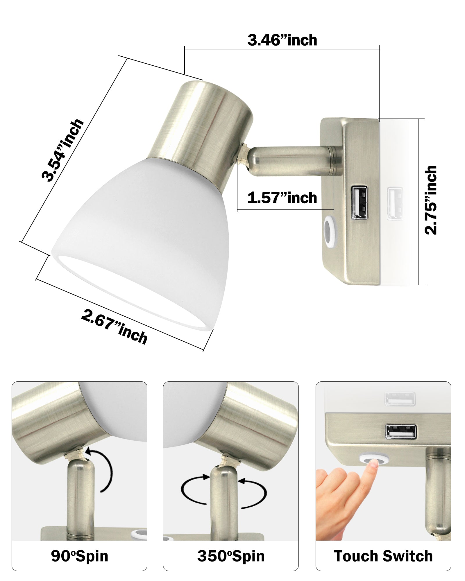 THALASSA 2 Packs RV Reading Light with USB Port(5V/2A), RV Lights Interior Frosted Glass Shade for Boat Yacht Caravan, Touch Switch Dimmable, USB Charger(Nickel) - THALASSA